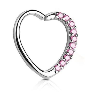 Fülpiercing szív alakú csillogó pink kövekkel bal